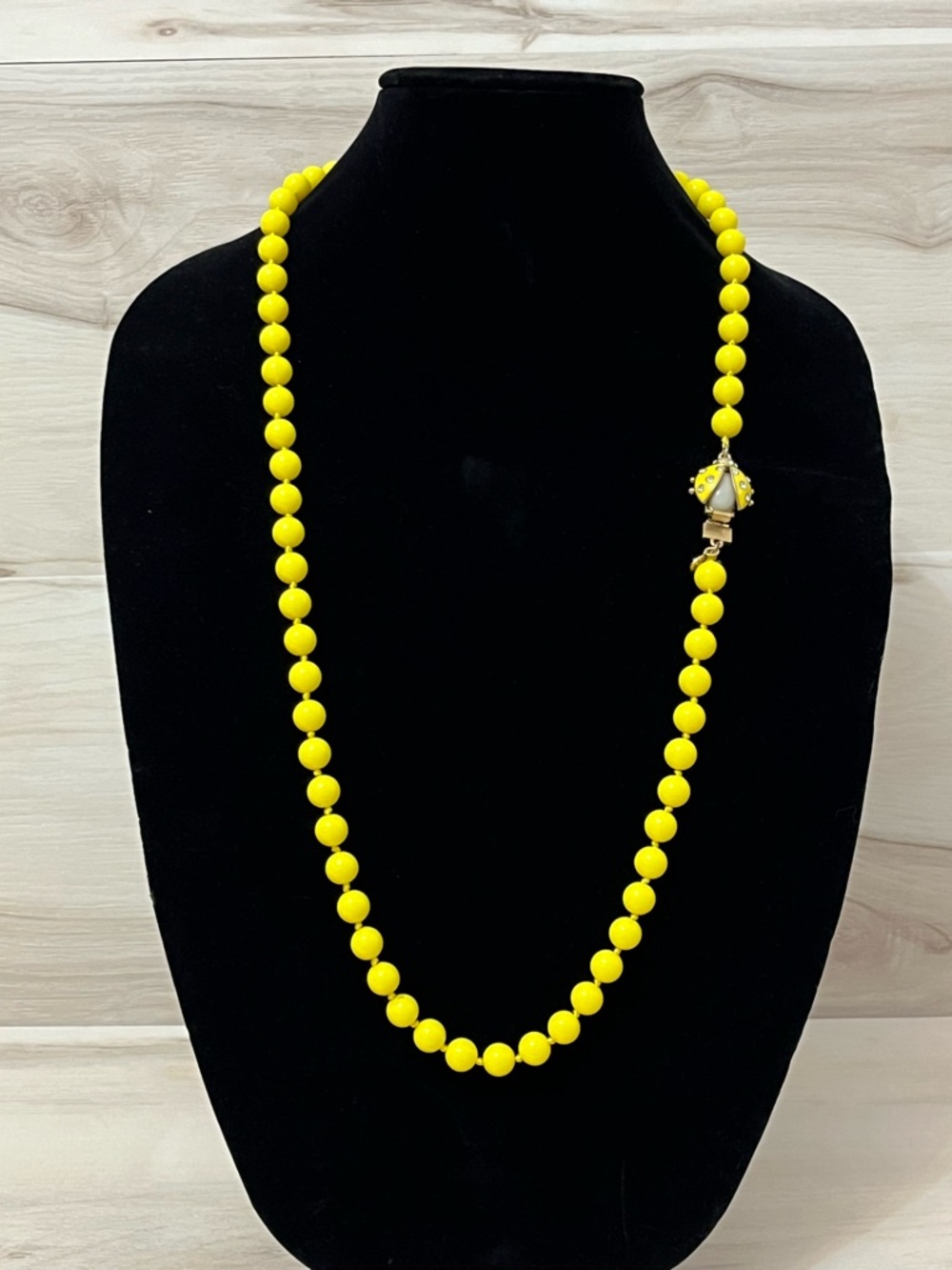 J. Crew Beaded Yellow Ladybug Rhinestone Knotted Plastic Bead Necklace 32" L